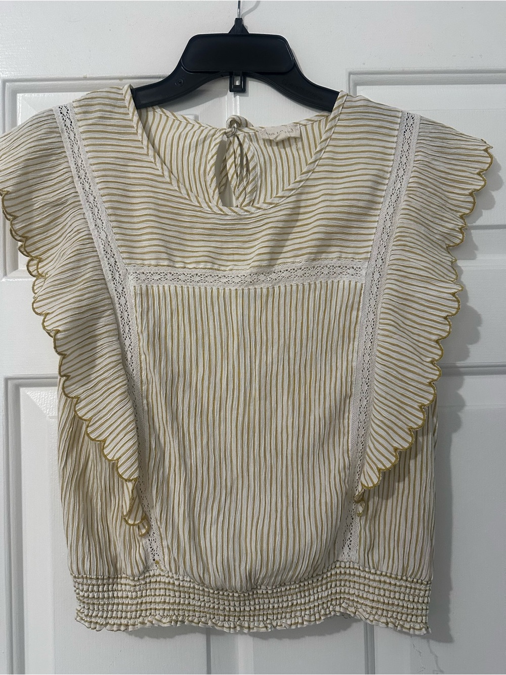 Hem & Thread Cream Top with Gold Stripe Ruffle Sleeves